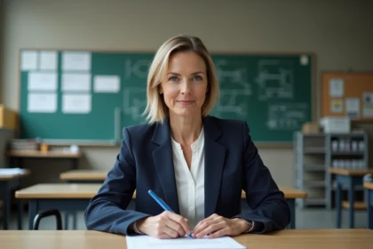Professeure de lycée professionnel consultant des documents administratifs dans sa salle de classe