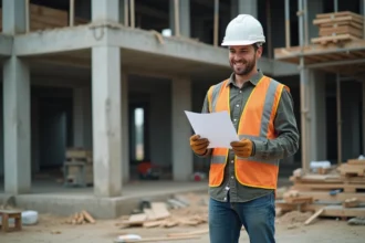 Professionnel du BTP consultant sa certification CPF sur un chantier de construction