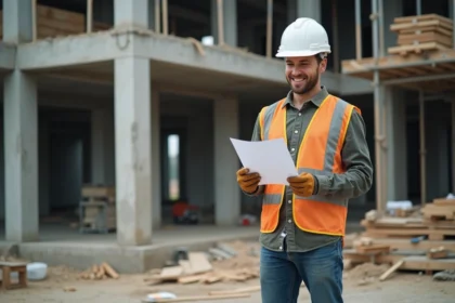 Professionnel du BTP consultant sa certification CPF sur un chantier de construction