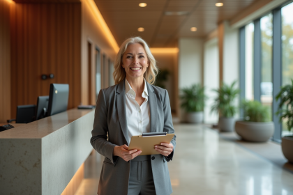Femme professionnelle dans une résidence senior accueillante