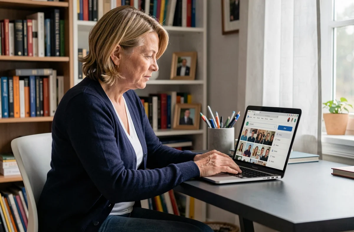 Femme consultant un site de retrouvailles d'anciens élèves du collège Jean Rostand sur un ordinateur portable à son bureau