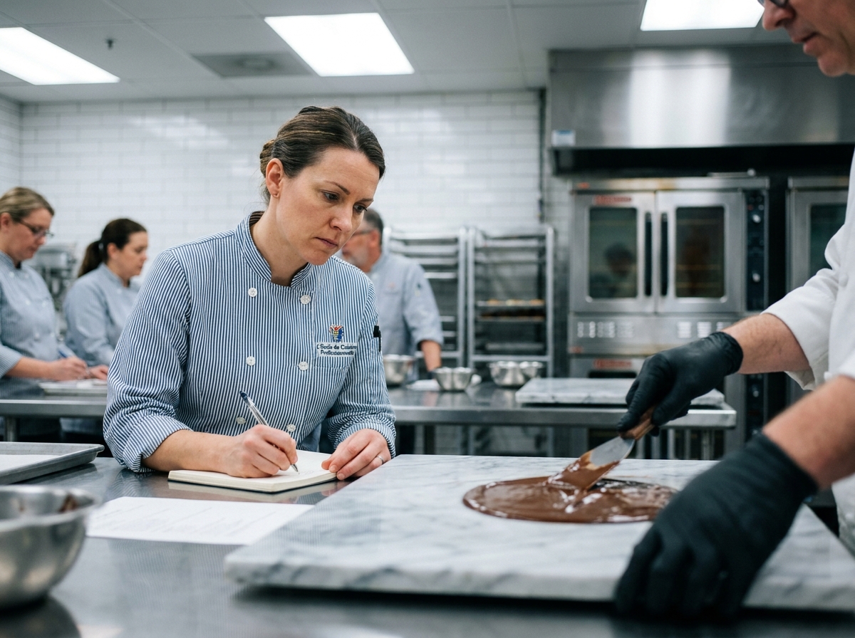 Femme en reconversion professionnelle prenant des notes lors d'un cours de pâtisserie en école culinaire pour adultes