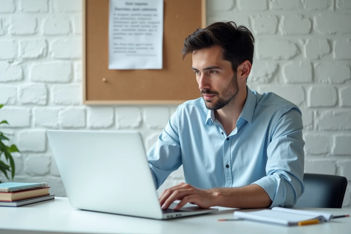 Homme rédigeant un texte académique avec une liste de connecteurs logiques affichée au mur