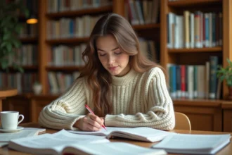 Étudiante annotant un essai académique avec des connecteurs logiques dans une bibliothèque universitaire