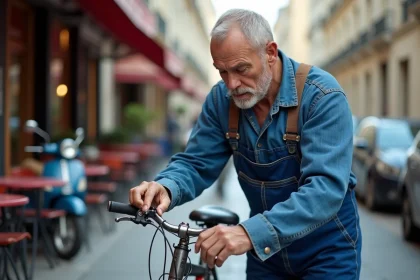 Homme en bleu réparant un vélo dans une rue parisienne