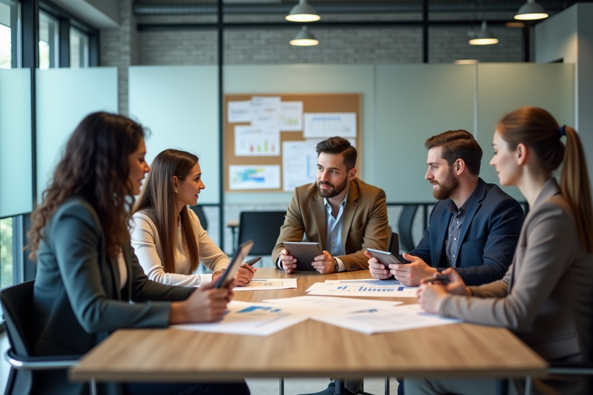 Groupe de quatre personnes en réunion dans un bureau moderne