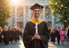 Jeune diplômé en robe de graduation avec diplôme sur les marches