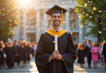 Jeune diplômé en robe de graduation avec diplôme sur les marches