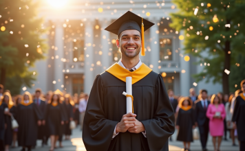 Jeune diplômé en robe de graduation avec diplôme sur les marches