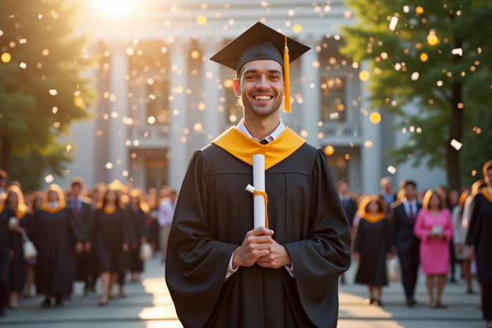 Jeune diplômé en robe de graduation avec diplôme sur les marches