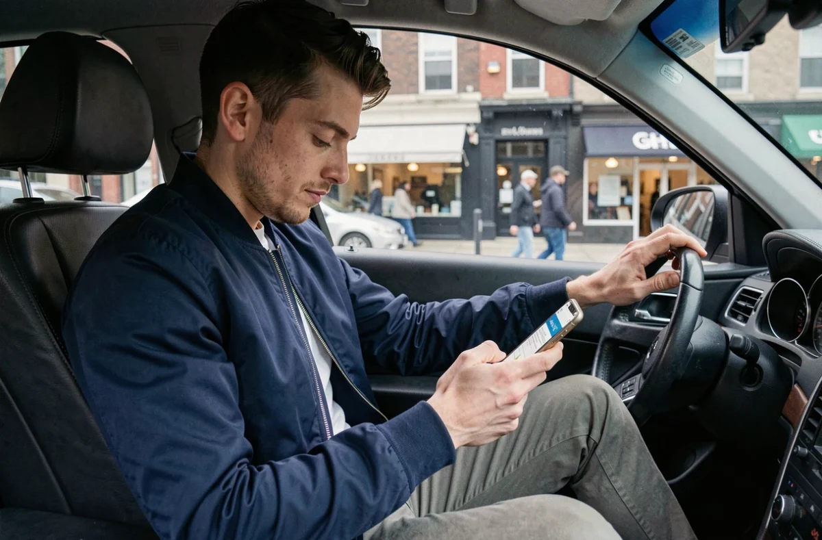 Jeune homme révisant le code de la route sur smartphone assis dans une voiture garée en ville