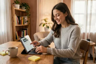 Jeune femme révisant le code de la route sur une tablette à son bureau dans un salon chaleureux