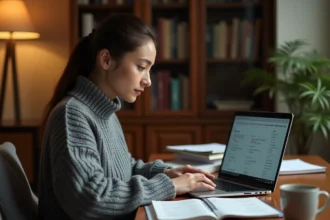 Jeune femme révisant les verbes du deuxième groupe en ligne avec des livres de grammaire et un ordinateur portable sur un bureau en bois
