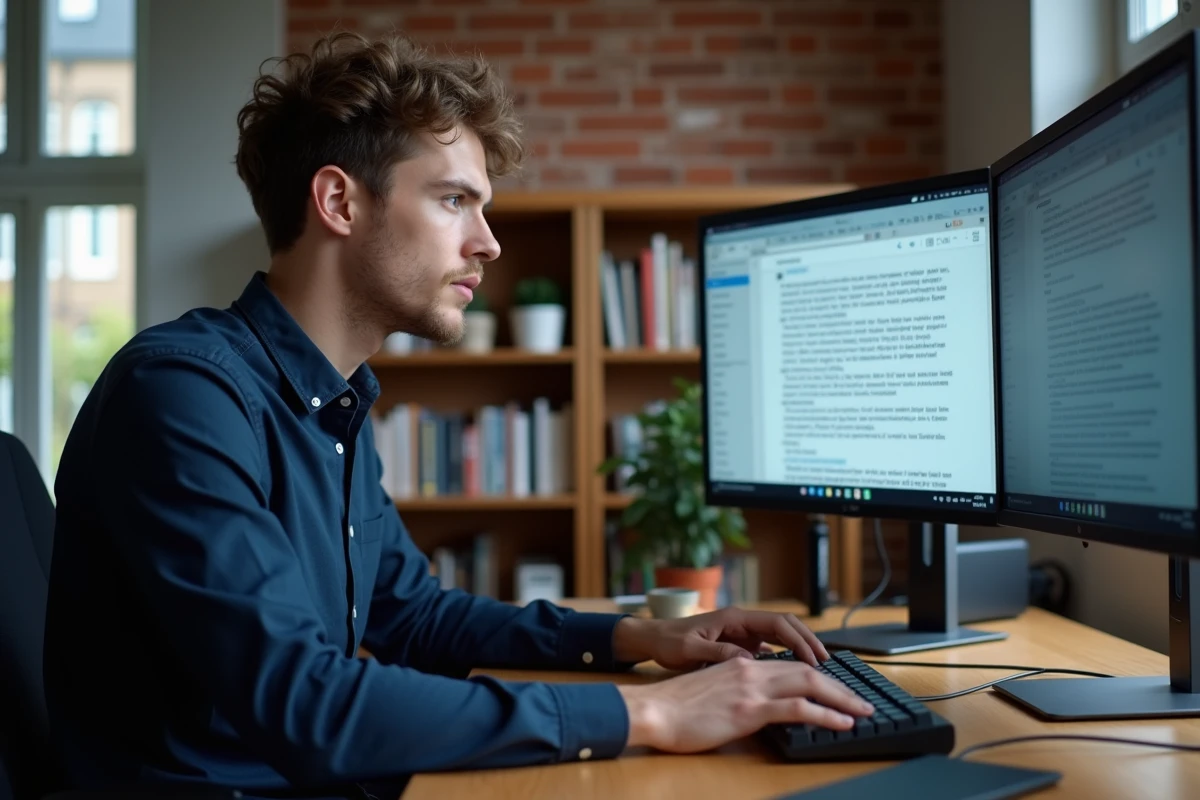 Jeune homme utilisant un clavier mécanique pour saisir des caractères en espagnol sur un ordinateur de bureau