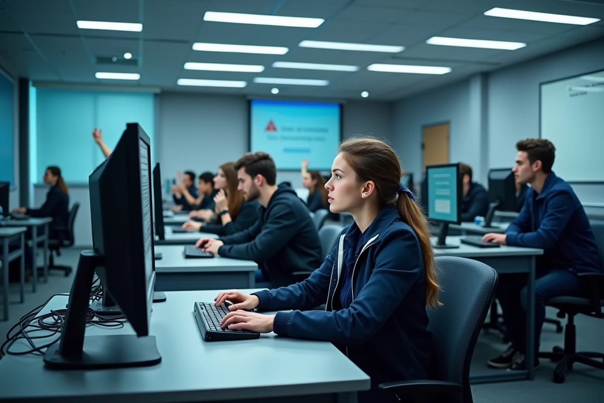 Salle informatique universitaire avec des étudiants bloqués par une panne de LEO UGA lors d'une session d'examen en ligne
