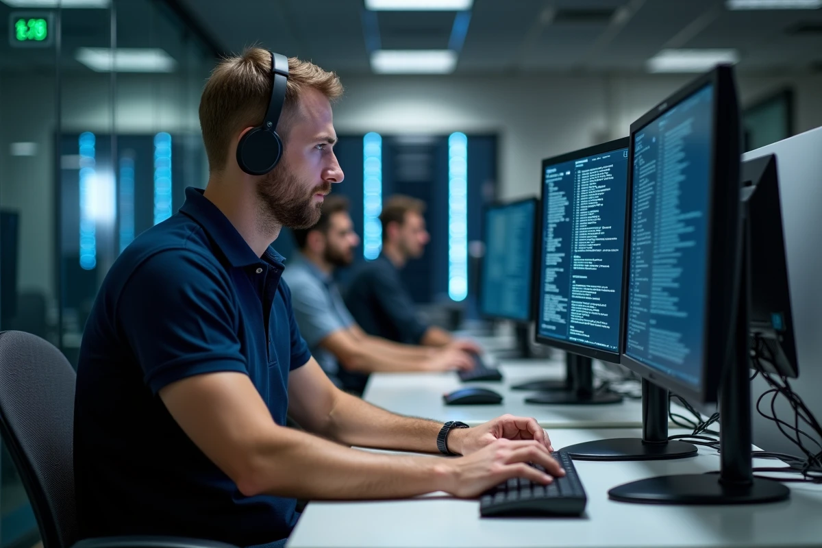 Technicien informatique du support client analysant un bug ou une panne sur un poste de travail multi-écrans