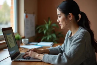 Femme tapant sur un clavier d'ordinateur avec une note contenant des caractères espagnols accentués collée sur l'écran