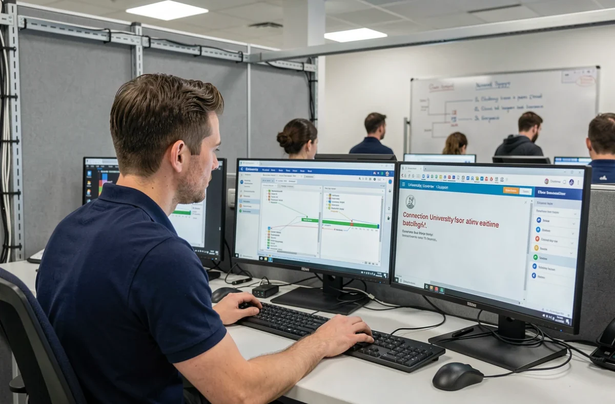 Technicien informatique universitaire diagnostiquant une panne de connexion sur l'ENT Paris Nanterre depuis son poste de travail
