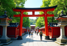 Entrée d'un sanctuaire shinto avec torii rouge et lanternes
