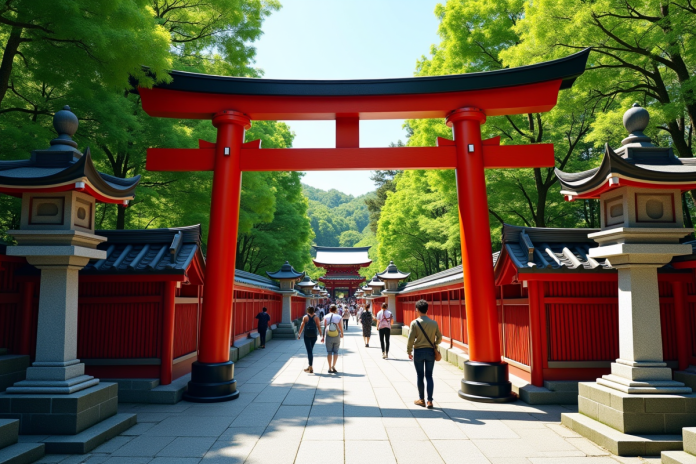 Entrée d'un sanctuaire shinto avec torii rouge et lanternes