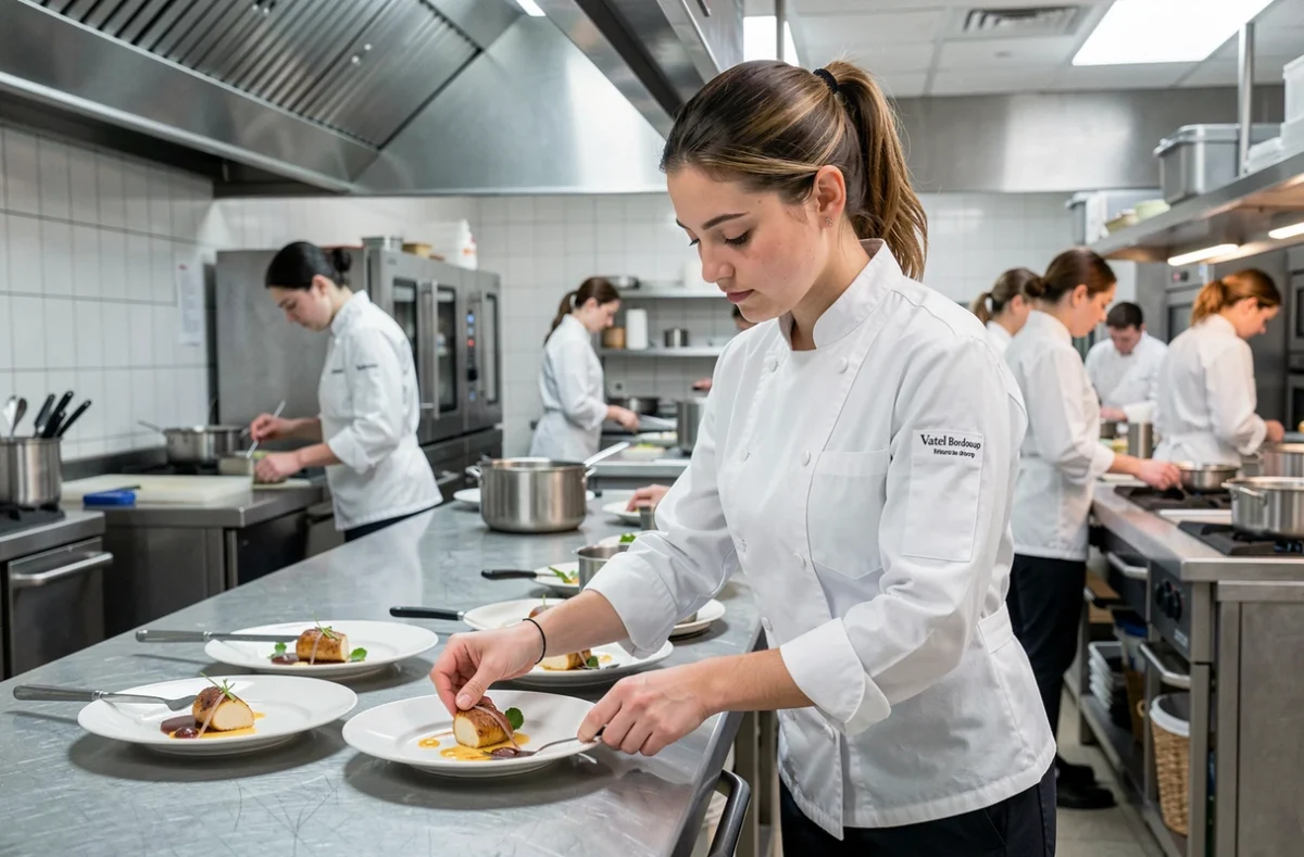Étudiante en management hôtelier dressant une assiette dans la cuisine de formation de Vatel Bordeaux