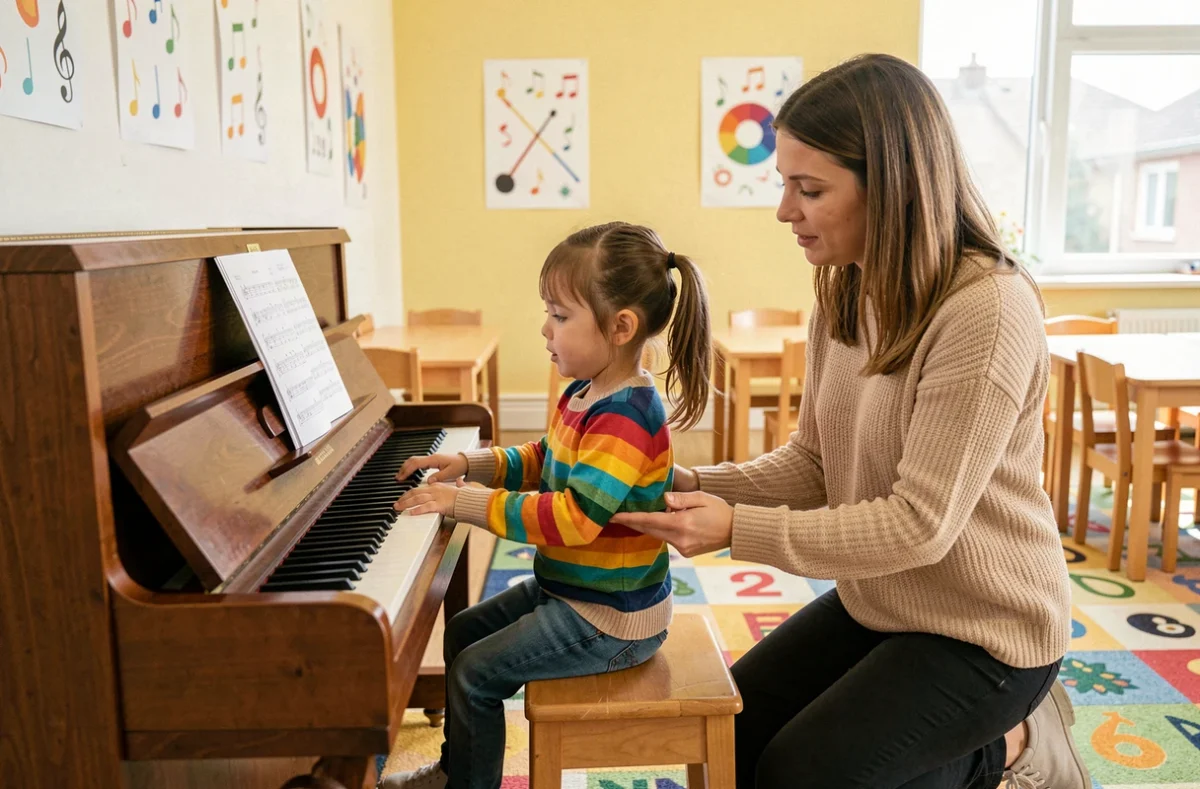 Jeune enfant apprenant le piano avec un professeur lors d'un cours Yamaha Music School Lille
